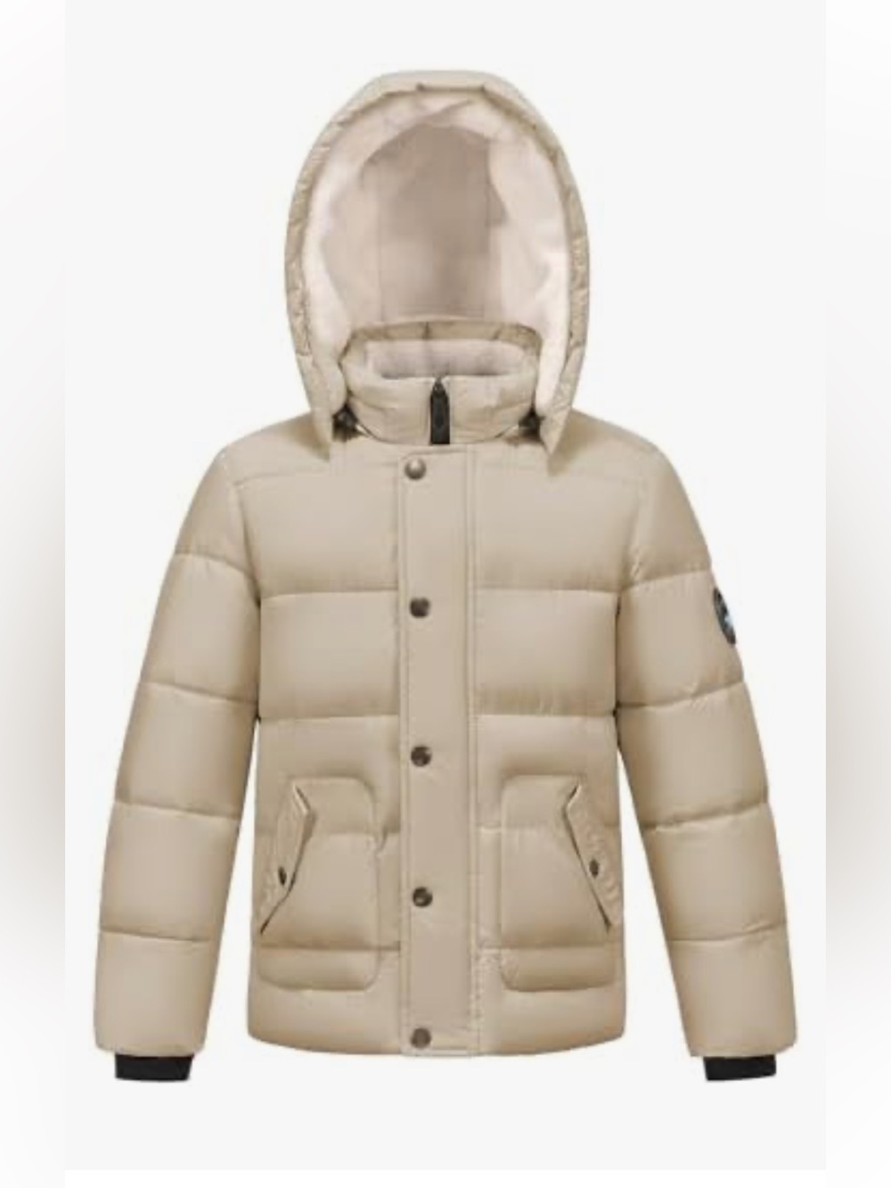 Kids Neutral Tan Puffer Jacket with Sherpa Hood -